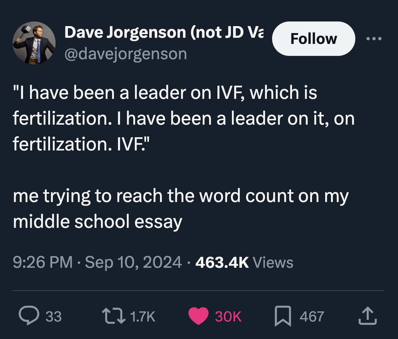 screenshot - Dave Jorgenson not Jd Va "I have been a leader on Ivf, which is fertilization. I have been a leader on it, on fertilization. Ivf." me trying to reach the word count on my middle school essay . Views 33 t 30K 467